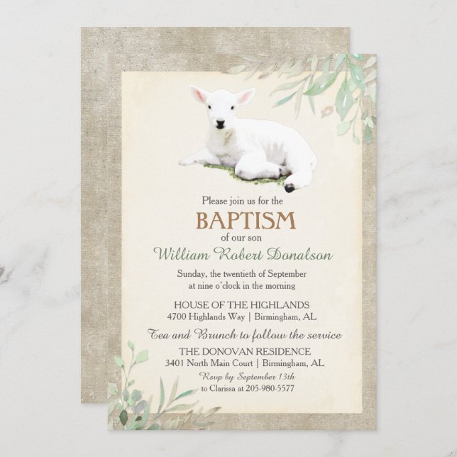 Liten lambaptism Kön Neutral inbjudan (Fram/baksida)