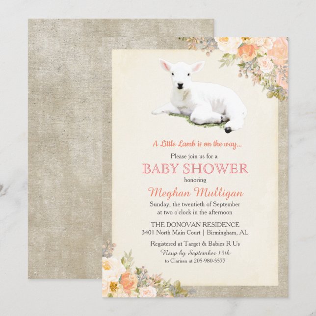Liten lamm Baby Shower Inbjudan (Fram/baksida)