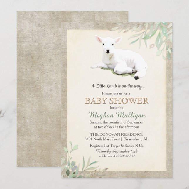 Liten lamm Baby Shower Inbjudan (Fram/baksida)