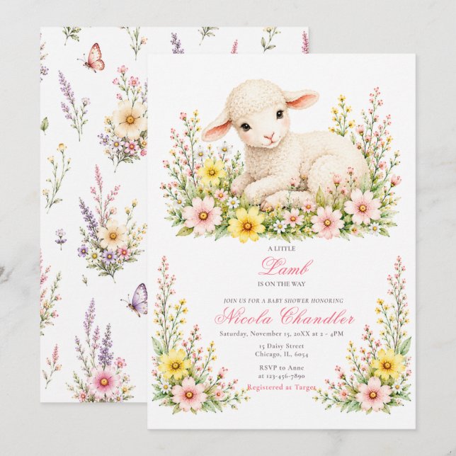 Liten lamm-babyshower inbjudningar (Fram/baksida)