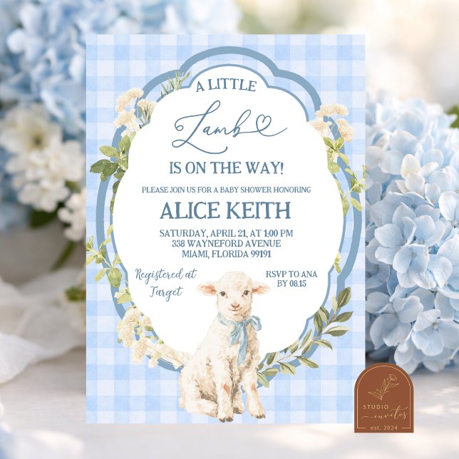 Liten lamm blå pojke baby shower inbjudan (Skapare uppladdad)