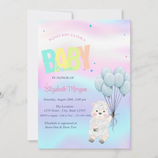 Liten lamm får holografisk baby shower inbjudningar (Framsida)
