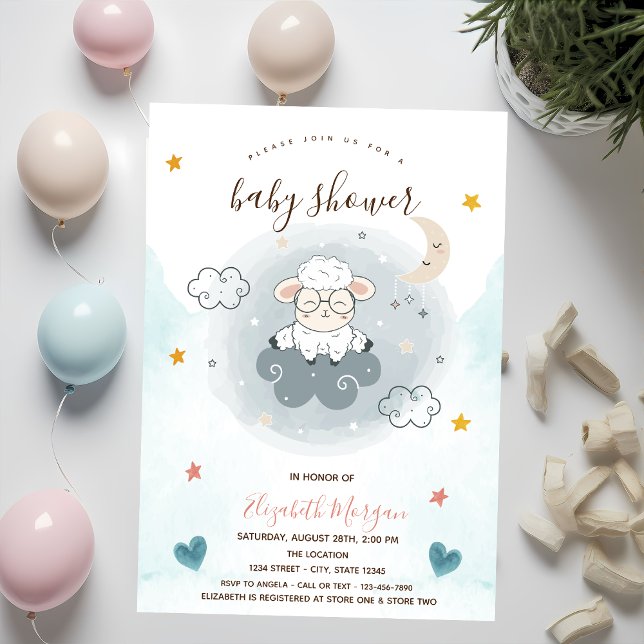 Liten lamm får moln måne stjärnor baby shower  inbjudningar (Skapare uppladdad)