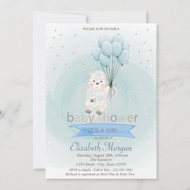 Liten lamm får stjärnor ballonger Blå baby shower  Inbjudningar (Framsida)