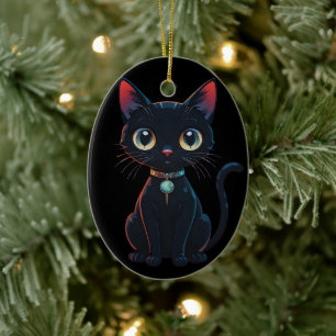 Liten läskig svart katt julgransprydnad keramik