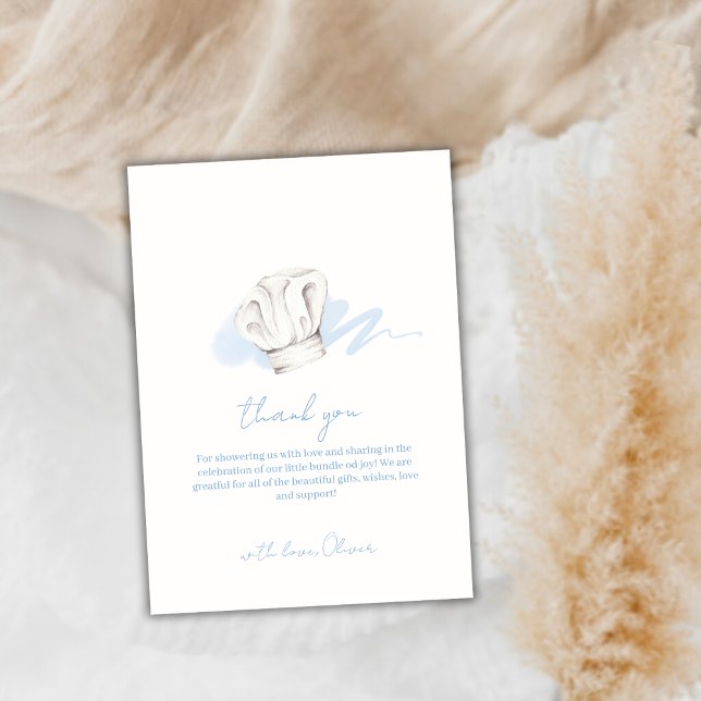 Liten, liten, liten, liten, liten, blå vattenfärgs tack kort (Blue Watercolor Minimalist Little Chef Baby Shower Thank You Card)