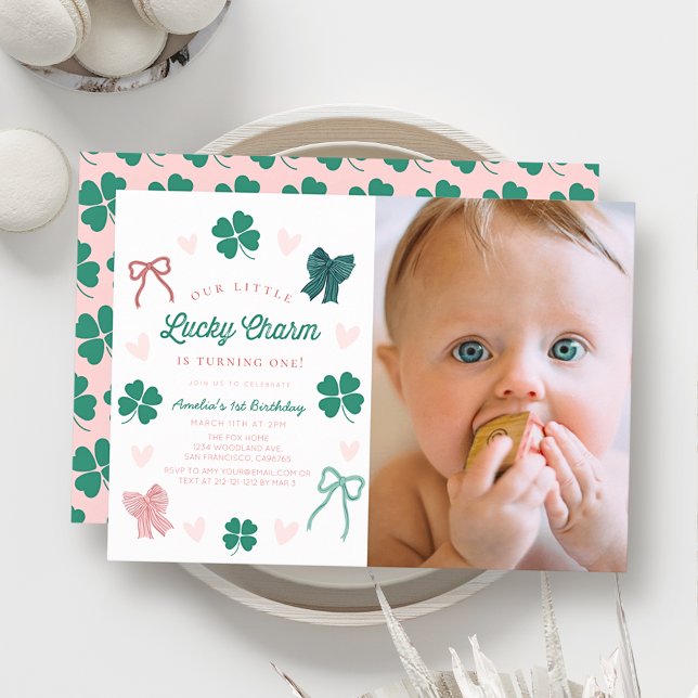 Liten Lucky Charm Bow Shamrock Foto 1-årsdag Inbjudningar (Skapare uppladdad)