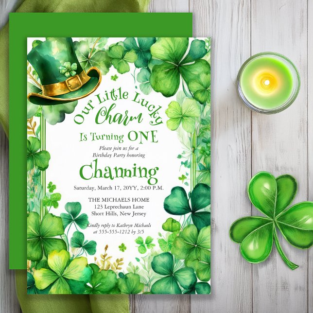 Liten Lucky Charm St. Patrick's Day 1-årsfest Inbjudningar (Our Little Lucky Charm Is Turning ONE Saint Patrick's Day 1st Birthday Party Invitation - Print Digi)