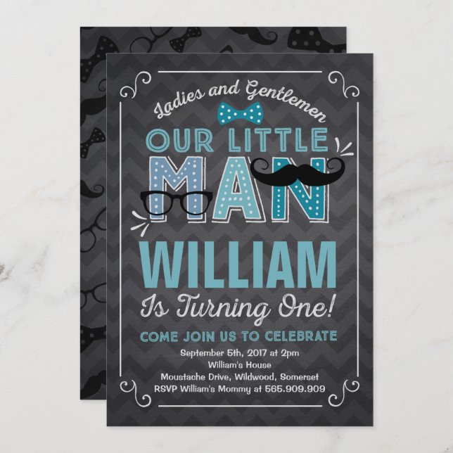 Liten Man 1-års Födelsedagsinbjudan Mustasch Fest Inbjudningar (Fram/baksida)