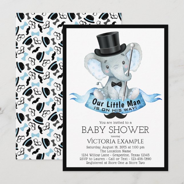 Liten man baby shower inbjudan Dapper elefant (Fram/baksida)