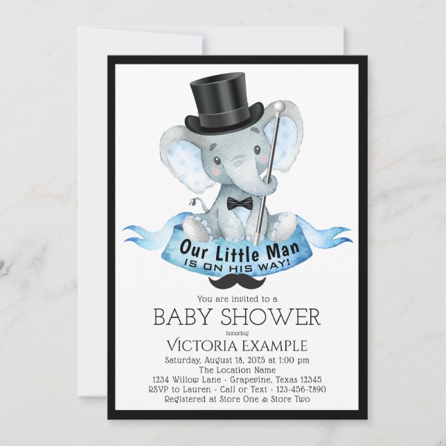 Liten man baby shower inbjudan Dapper Elephant (Framsida)