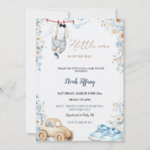 Liten Man Bebis Dopp Invitation Blå Blommig Bebis
