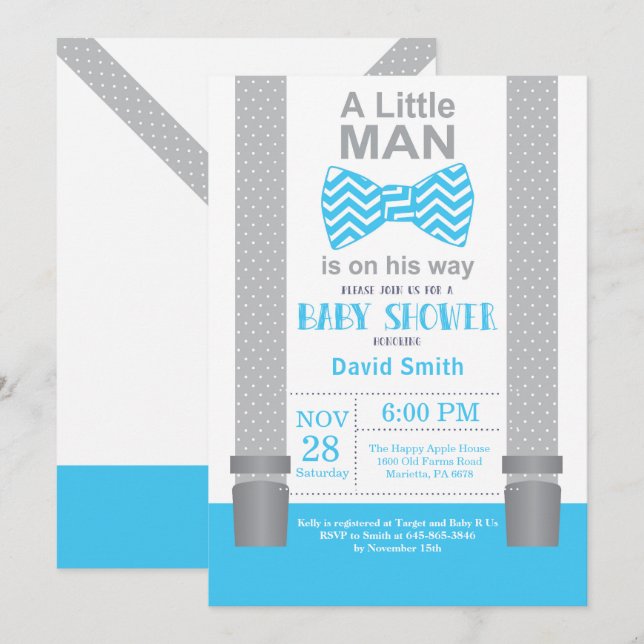 Liten Man Bebis Dopp Invitation Blå och Grå Inbjudningar (Fram/baksida)