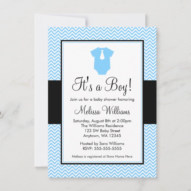 Liten man Chevron Blue Black Baby Shower Inbjudningar (Framsida)