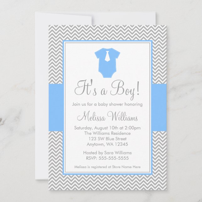 Liten man Chevron Grått Blue Baby Shower Inbjudningar (Framsida)