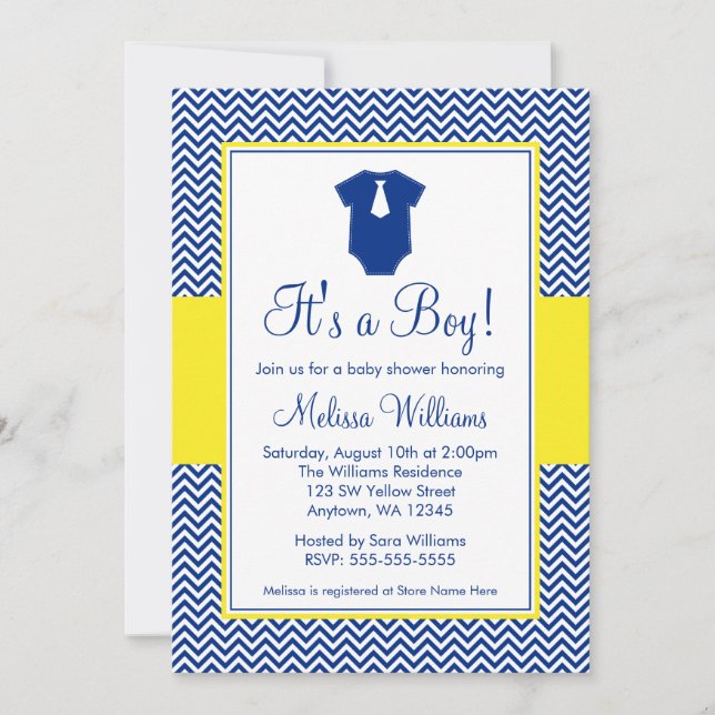 Liten man Chevron Navy Blue Gult Baby Shower Inbjudningar (Framsida)