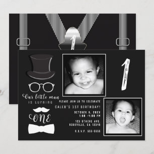 Liten Man Hipster Hosor 1-års Födelsedagsfoto Inbjudningar