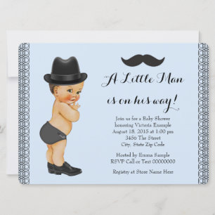 Liten man mustasch baby shower blå och svart inbjudningar