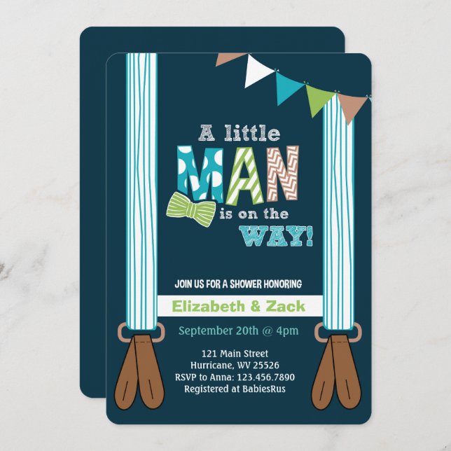 Liten man Suspenders Baby Shower-inbjudan Inbjudningar (Fram/baksida)