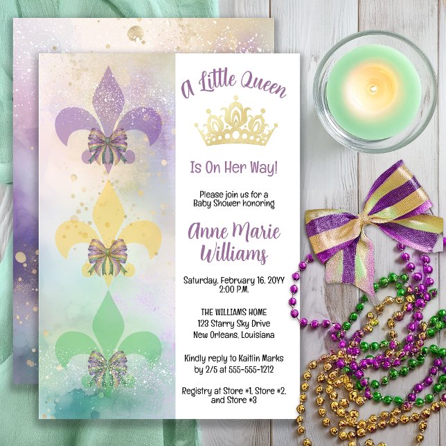 Liten Mardi Gras Drottning Fleur de Lis Bebis Show Inbjudningar (Little Mardi Gras Queen Baby Shower Invitation with Crown & Fleur-de-Lis -- Print | Digital)
