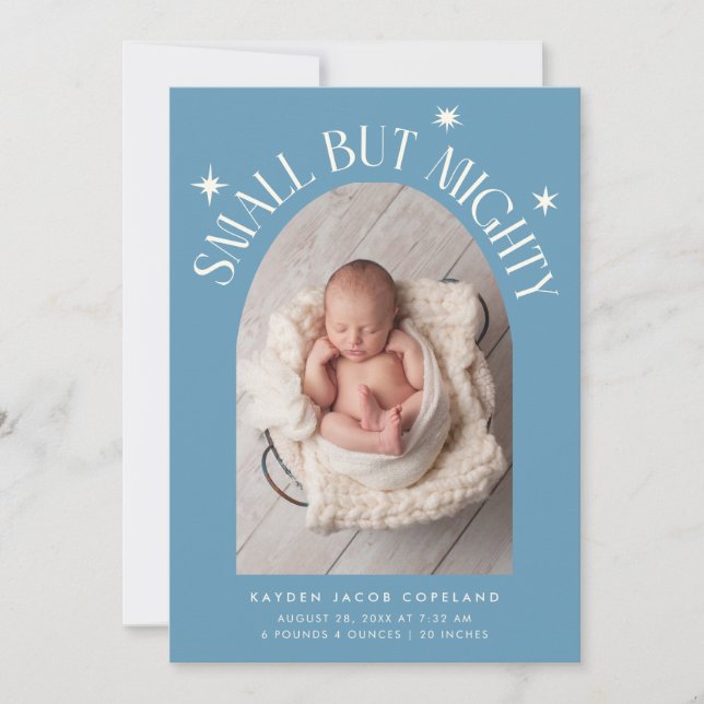 Liten Men Mäktig Stjärnor Denim Blå Foto Födelse  Meddelande (Framsida)