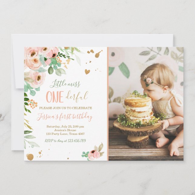 Liten Miss Onederful 1-årsfirande Inbjudan Blommig (Framsida)