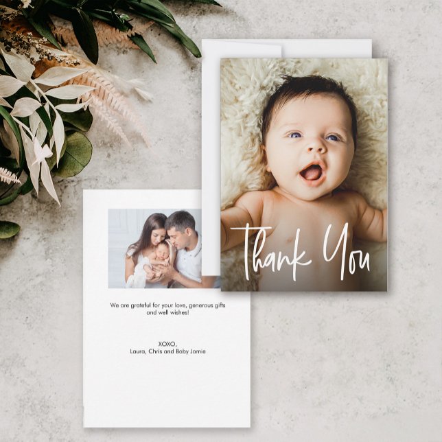 Liten modern handskriftsbild för babyskor tack kort (two custom photos baby shower small thank you card.)