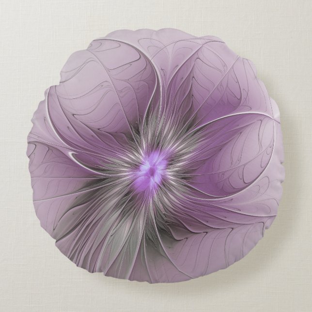 Liten modern mauvegrå fraktal konst blomma rund kudde (Framsidan)