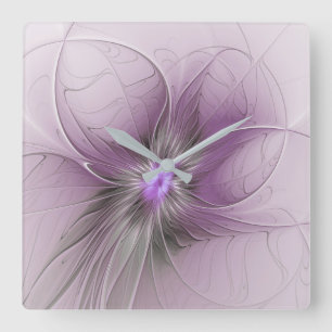 Liten modern mauvegrå fraktalkonst blomma fyrkantig klocka