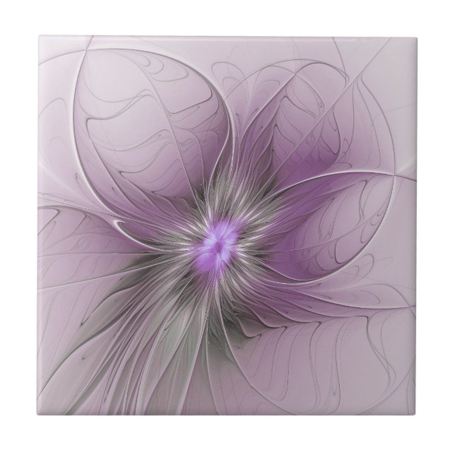 Liten modern mauvegrå fraktalkonst blomma kakelplatta (Framsidan)