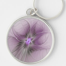 Liten modern mauvegrå fraktalkonst blomma rund silverfärgad nyckelring