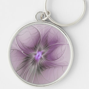 Liten modern mauvegrå fraktalkonst blomma rund silverfärgad nyckelring