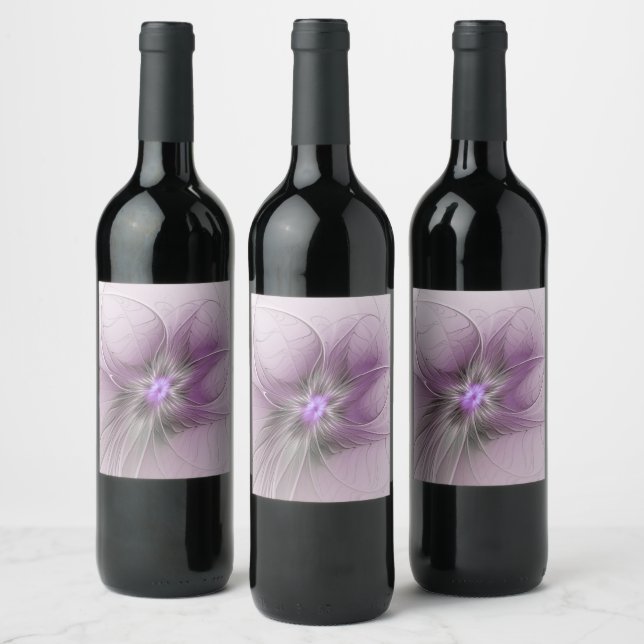 Liten modern mauvegrå fraktalkonstblomma vinflaska etikett (Flaskor)
