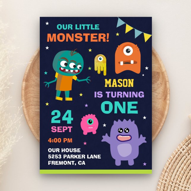 Liten monster 1:a födelsedagsfest inbjudan (Skapare uppladdad)