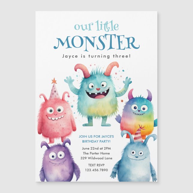 Liten Monster Barnkalas Magnetisk Inbjudningskort (Framsida)