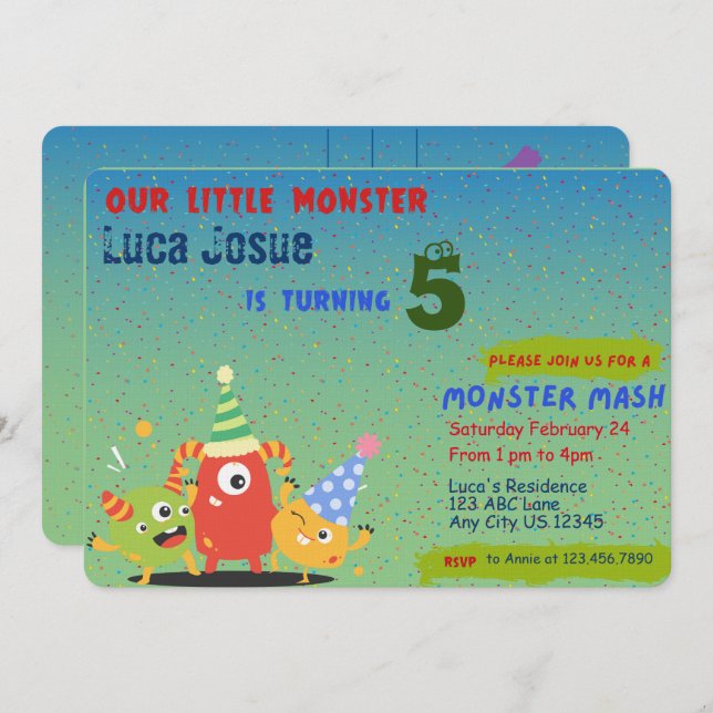 Liten monster temafest födelsedagsinbjudan inbjudningar (Fram/baksida)