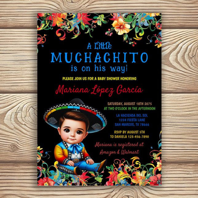 Liten Muchachito Charro Fiesta Baby Shower Inbjudningar (Boy festa baby shower invitation with adorable little Muchachito on color floral background. )