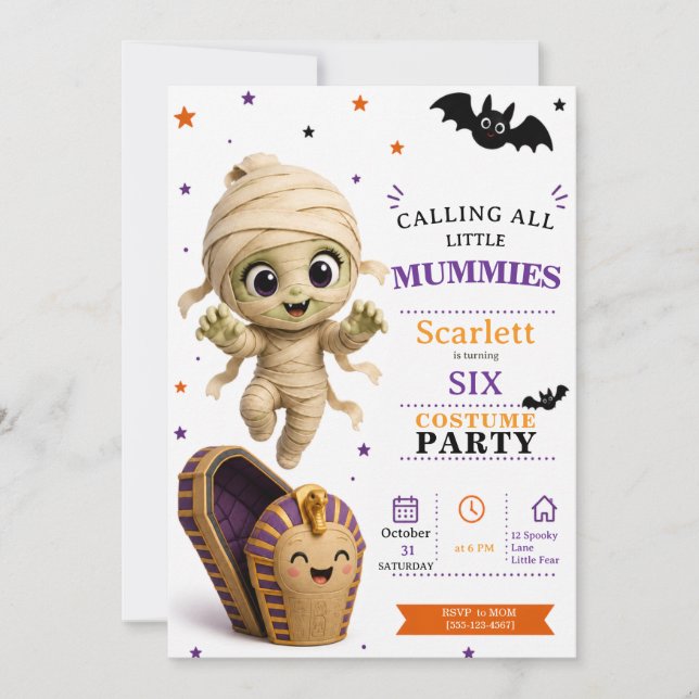 Liten Mummikostym - Halloween Födelsedagsfest Inbjudningar (Framsida)