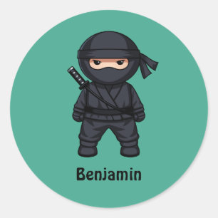 Liten Ninja Krigare på Grön Anpassad Text Runt Klistermärke
