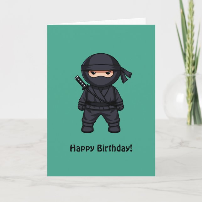 Liten ninja på grön födelsedagsglädje kort (Framsida)