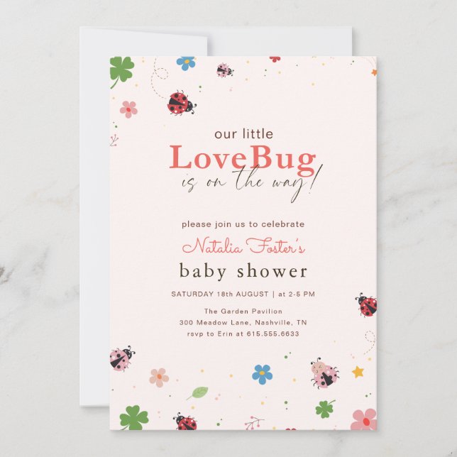 Liten Nyckelpiga Vildblomma Flicka Baby Shower Inbjudningar (Framsida)