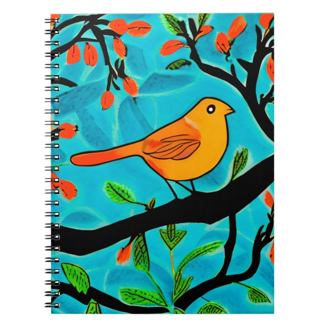 Liten Orange Bird på Blommar Gren Anteckningsbok (Framsidan)