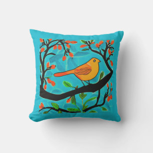 Liten Orange Bird på Blommar Gren Kudde
