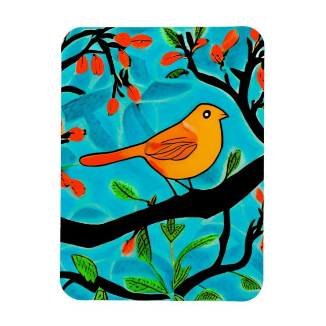Liten Orange Bird på Blommar Gren Magnet (Vertikal)