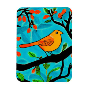 Liten Orange Bird på Blommar Gren Magnet