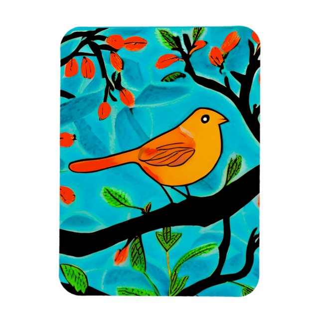 Liten Orange Bird på Blommar Gren Magnet (Vertikal)