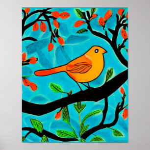 Liten Orange Bird på Blommar Gren Poster