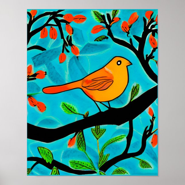 Liten Orange Bird på Blommar Gren Poster (Framsidan)