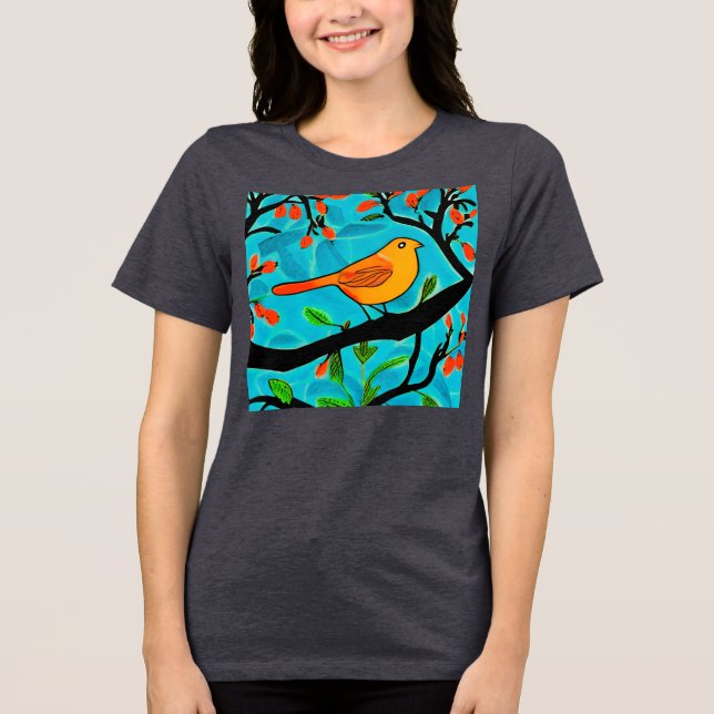 Liten Orange Bird på Blommar Gren T Shirt (Framsida)