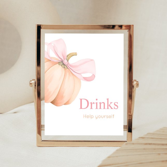 Liten orange pumpa med båge dryckesskylt poster (Bow Pumpkin Baby Shower Drinks Sign)